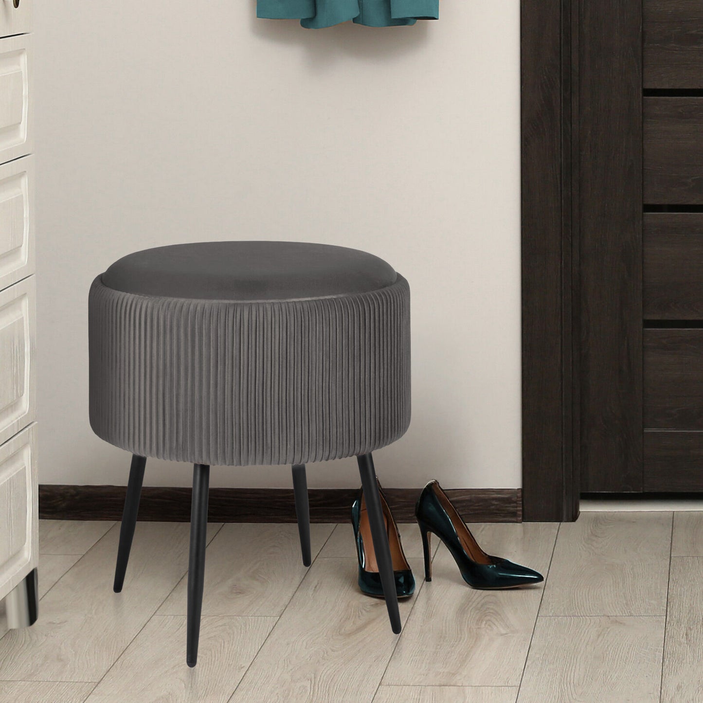 Side Table Storage Ottoman – Velvet Padded Stool with Tray, Grey