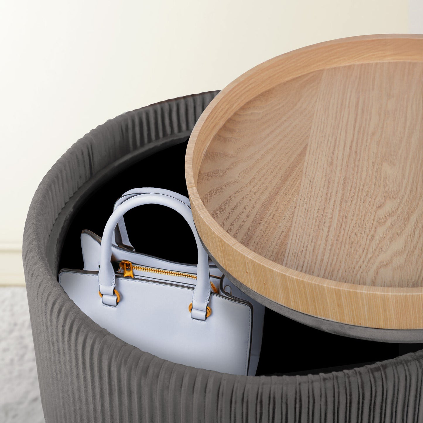 Side Table Storage Ottoman – Velvet Padded Stool with Tray, Grey