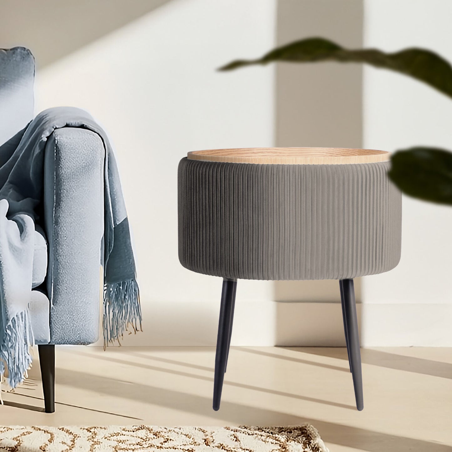 Side Table Storage Ottoman – Velvet Padded Stool with Tray, Grey