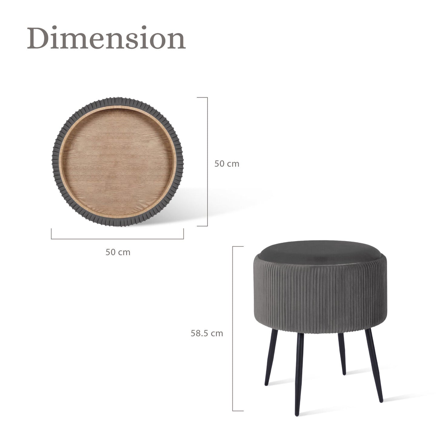 Side Table Storage Ottoman – Velvet Padded Stool with Tray, Grey