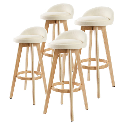 Beige wooden bar stool with upholstered seat and timber legs, perfect for modern dining spaces.