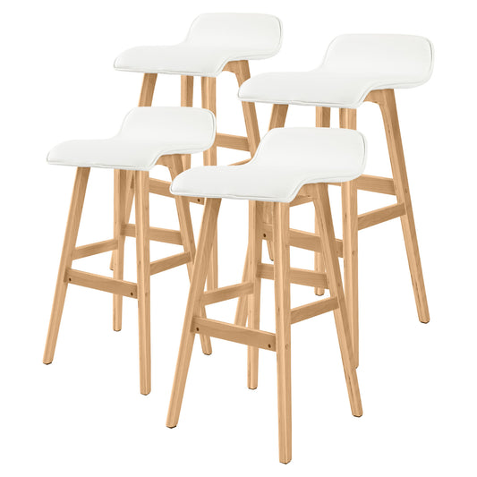 4 wooden bar stools with white leather seats, showcasing a warm, modern design ideal for stylish dining spaces