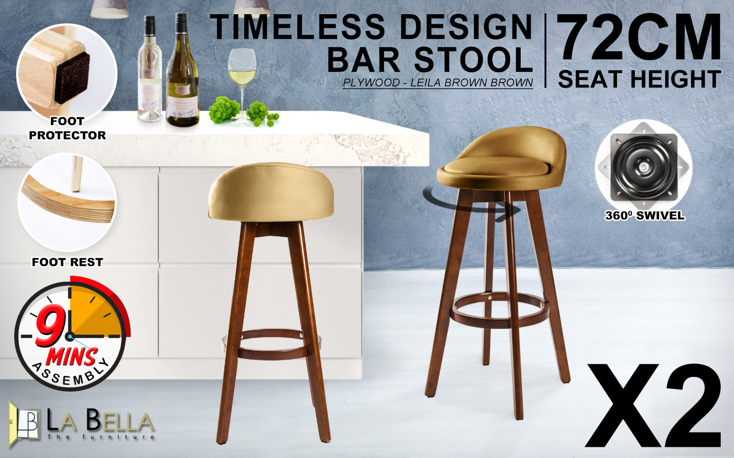 2X Wooden Bar Stool Dining Chair Fabric Leather LEILA 72cm