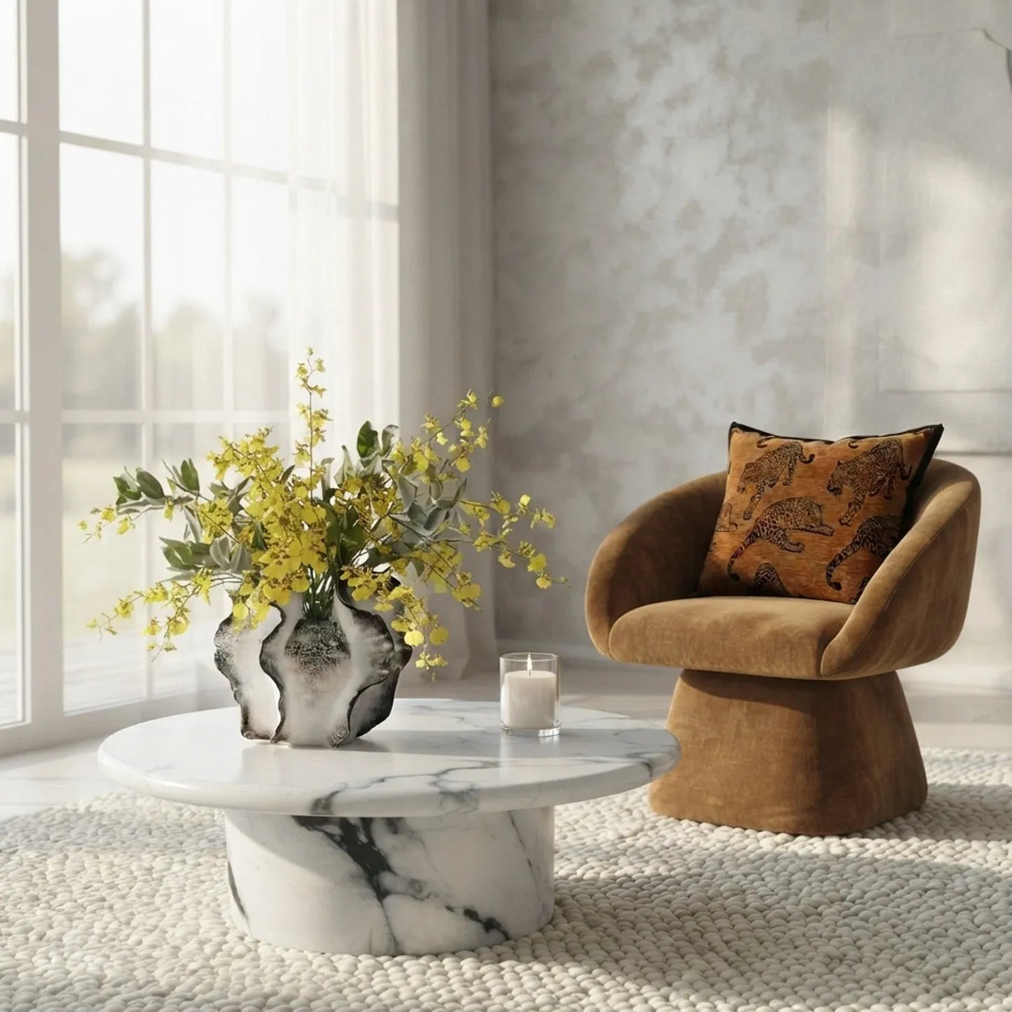 Nobu Round Sculptural Stone Coffee Table - Panda Marble Finish