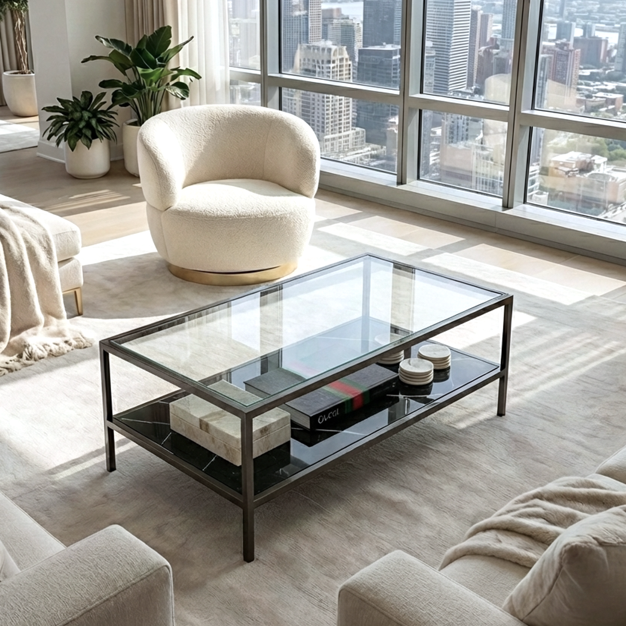 Vogue Coffee Table – Black Marble & Glass, 100cm