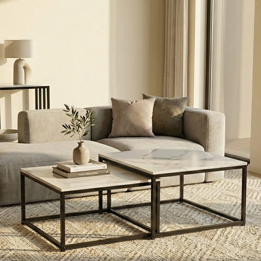 Ciest Square Nesting Coffee Table Set – White Marble Stone, Black Iron Base
