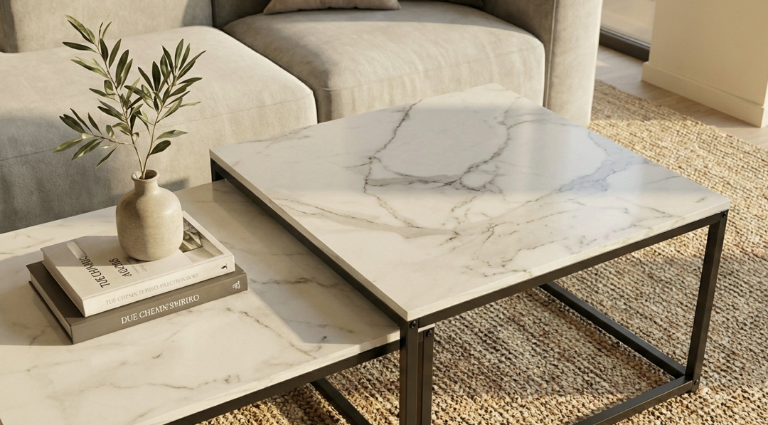 Ciest Square Nesting Coffee Table Set – White Marble Stone, Black Iron Base