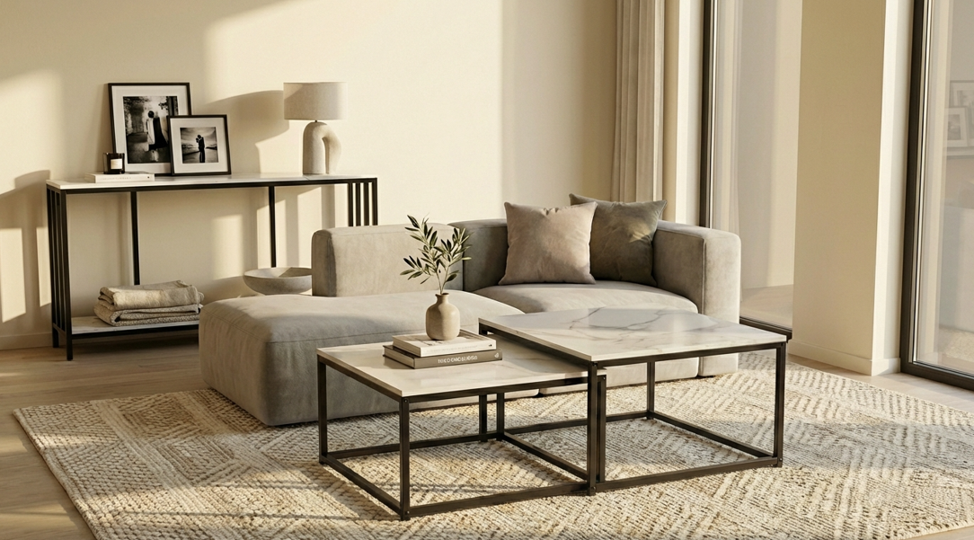 Ciest Square Nesting Coffee Table Set – White Marble Stone, Black Iron Base