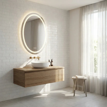 Oval frameless LED bathroom mirror with touch sensor and anti-fog feature, 60x80cm, by The Willow Stone Collective.