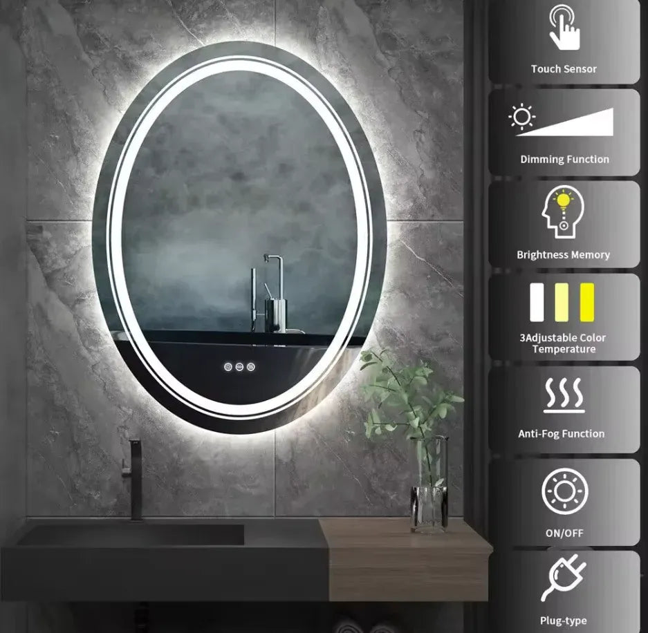 Oval Frameless LED Bathroom Mirror – Touch Sensor, Anti-Fog, 60x80cm