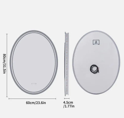 Oval frameless LED bathroom mirror with touch sensor and anti-fog feature, 60x80cm, by The Willow Stone Collective.