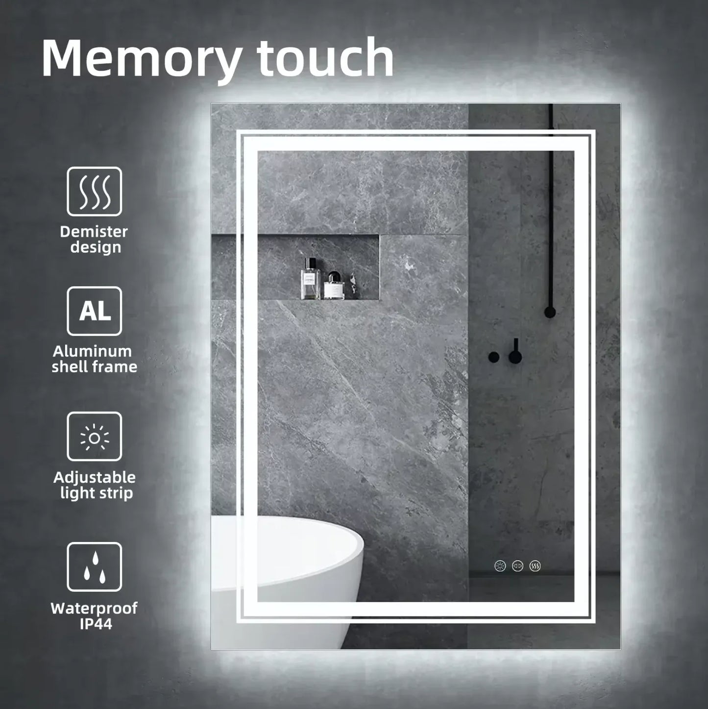 LED Frameless Bathroom Mirror – Backlit, Touch Control, 50 x 70 cm
