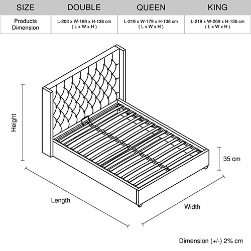 Veronica Bed Frame Winged Grey Linen Fabric Seam Grid Pattern with Gas Lift Plywood Metal Structure