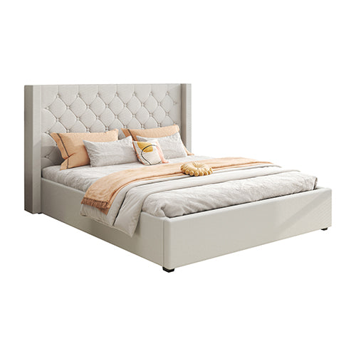 Veronica Bed Frame Winged Grey Linen Fabric Seam Grid Pattern with Gas Lift Plywood Metal Structure
