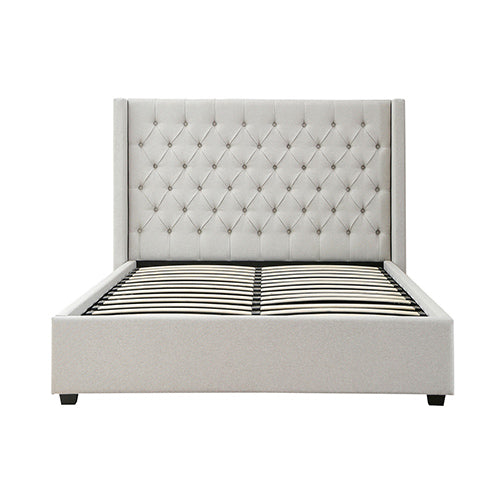 Veronica Bed Frame Winged Grey Linen Fabric Seam Grid Pattern with Gas Lift Plywood Metal Structure