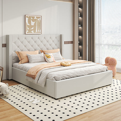 Veronica Bed Frame Winged Grey Linen Fabric Seam Grid Pattern with Gas Lift Plywood Metal Structure