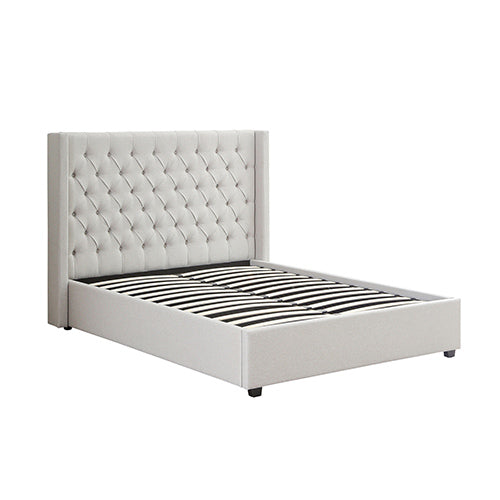 Veronica Bed Frame Winged Grey Linen Fabric Seam Grid Pattern with Gas Lift Plywood Metal Structure