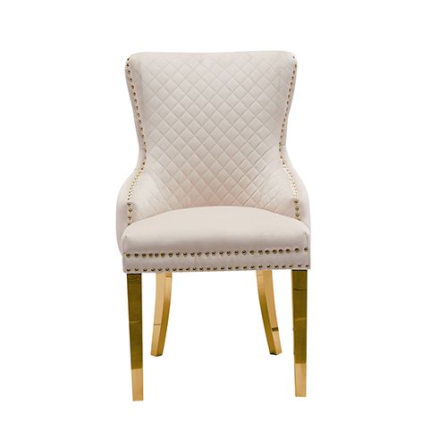Set of 2 Beige Velvet Dining Chairs – Button Studded Ring Back Design Golden Legs