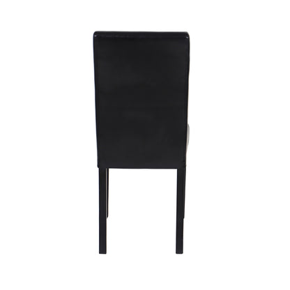 Set of two wooden dining chairs with black leatherette seats and solid pine legs, stylish furniture for kitchen and dining area.