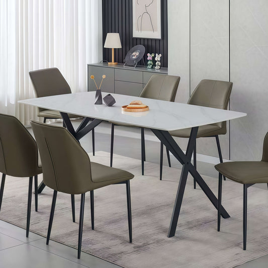 Dining Table – Rectangular White Sintered Stone Top with Powder Coated Iron Legs