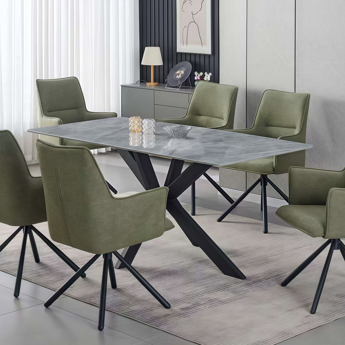 Dining Table – Rectangular Grey Sintered Stone Top with Powder Coated Iron Legs
