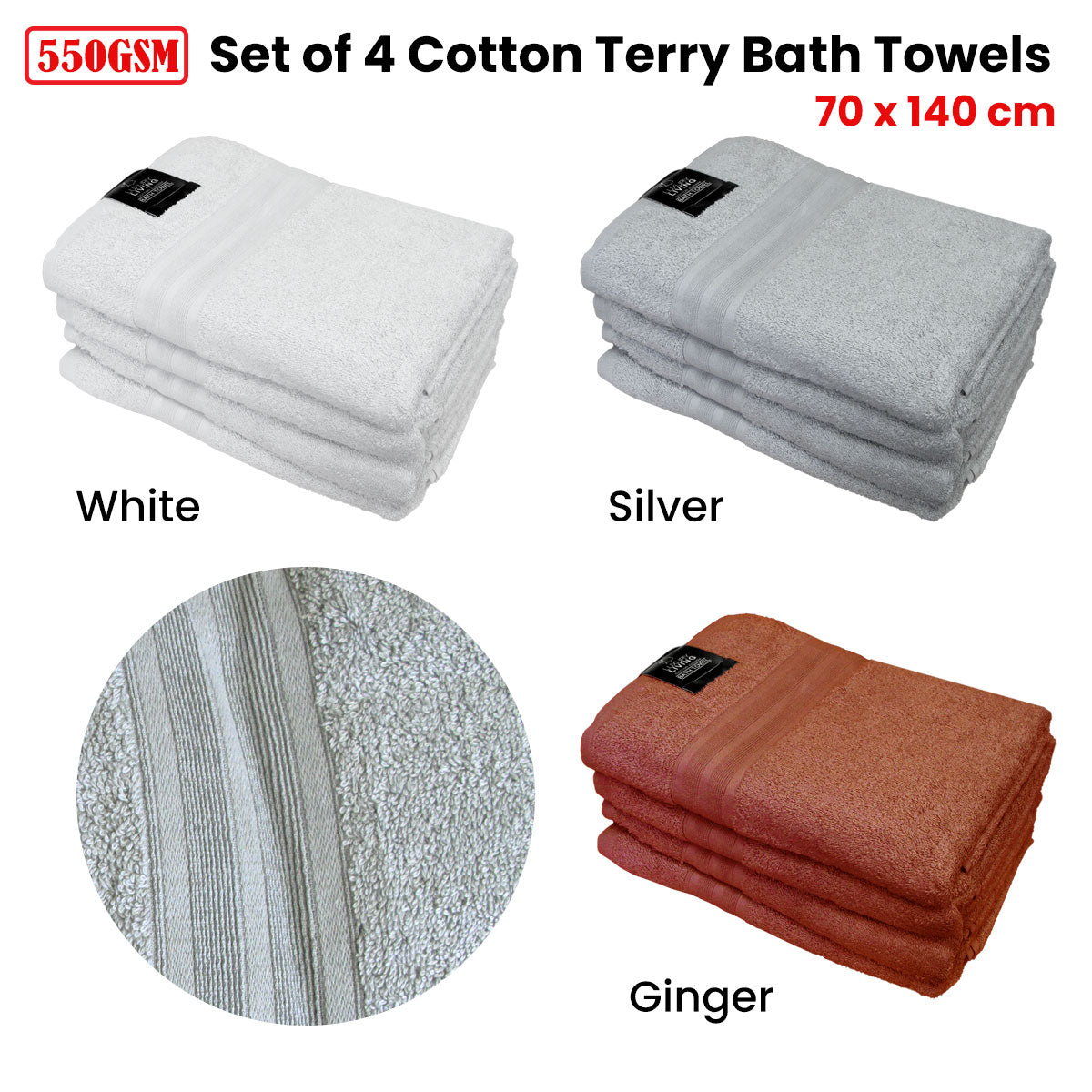 550GSM Set of 4 100% Cotton Terry Bath Towels 70 x 140 cm