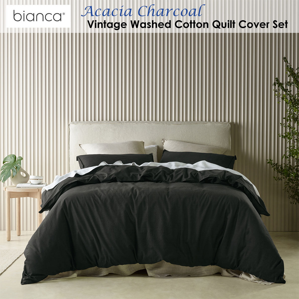 Bianca Acacia Charcoal Vintage Washed Cotton Quilt Cover Set