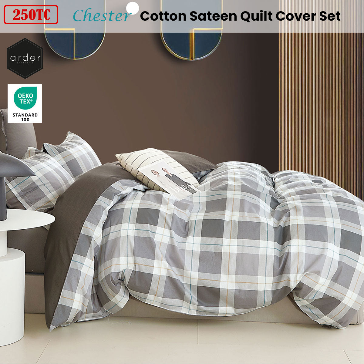 Ardor 250TC Chester Plaid Cotton Sateen Quilt Cover Set