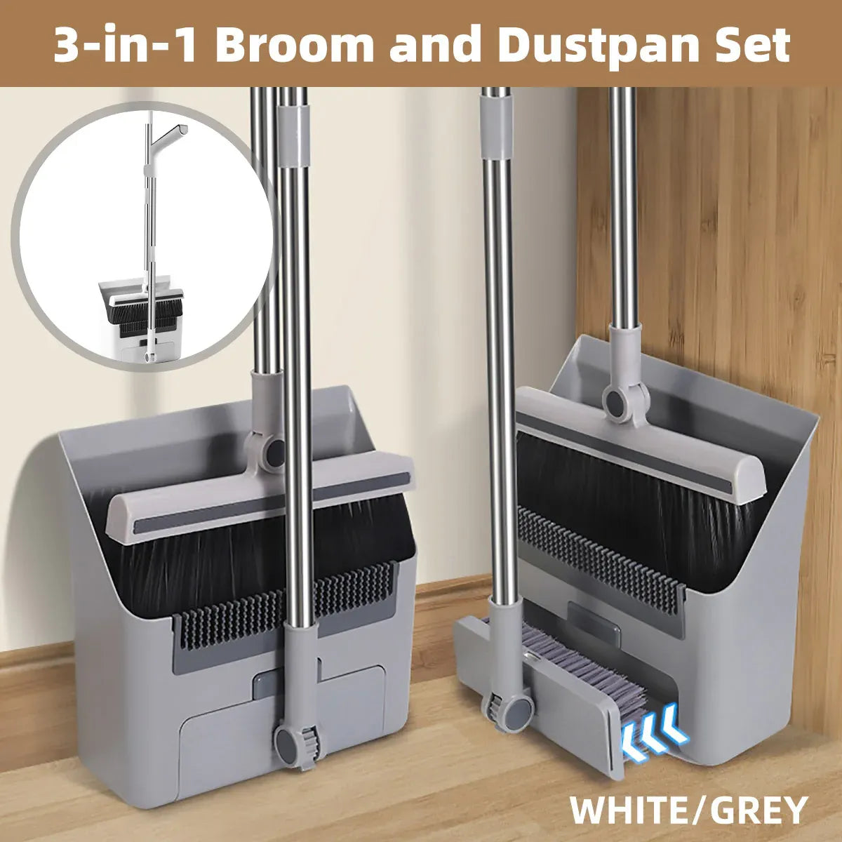 3-in-1 Broom Set – Versatile Cleaning Tool with Dustpan, White