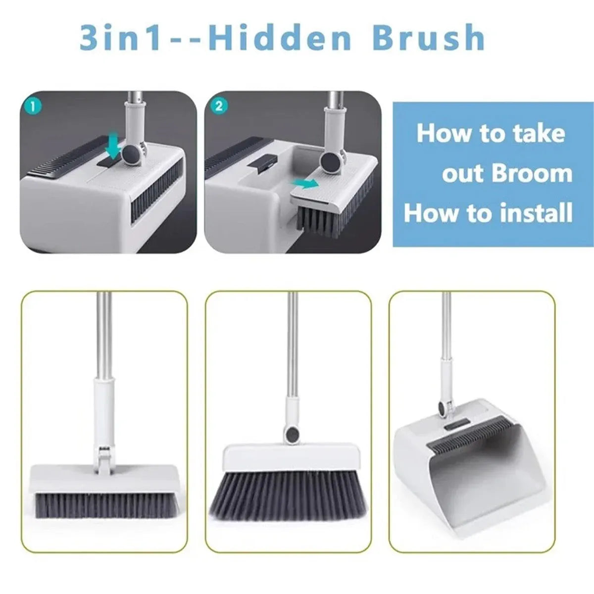 3-in-1 Broom Set – Versatile Cleaning Tool with Dustpan, White