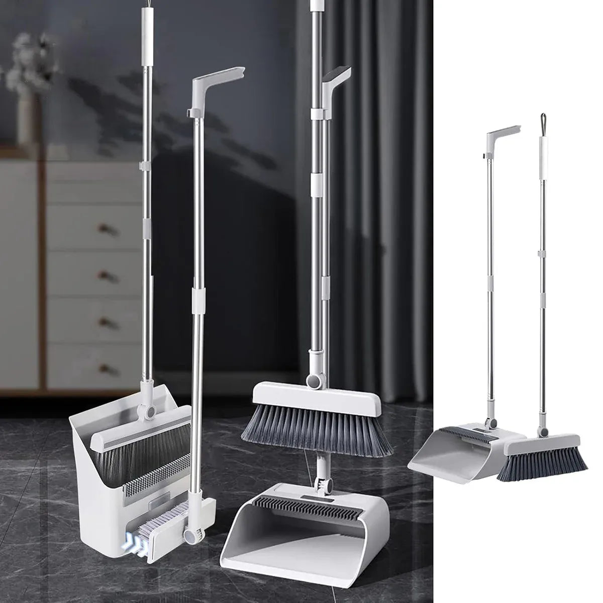 3-in-1 Broom Set – Versatile Cleaning Tool with Dustpan, White