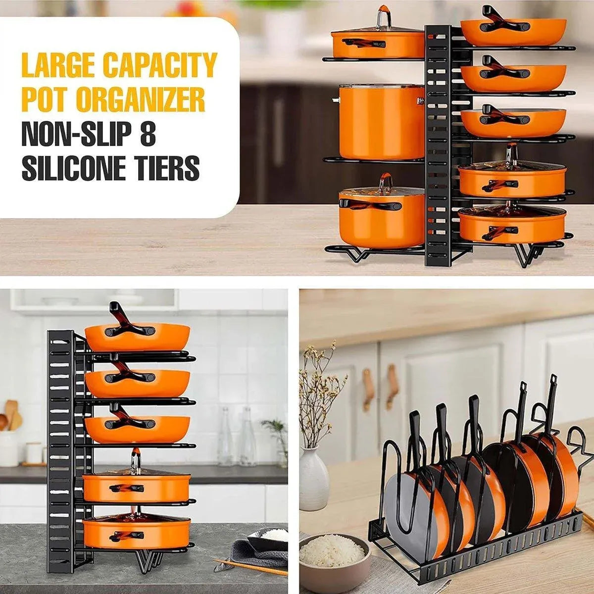 Adjustable Multi-Layer Pot Lid Rack – Vertical Storage, Black Metal