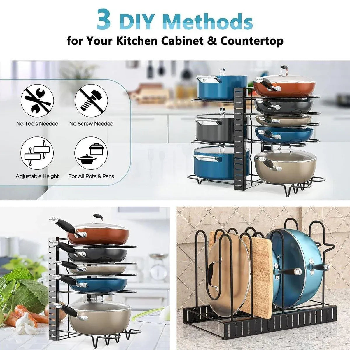Adjustable Multi-Layer Pot Lid Rack – Vertical Storage, Black Metal