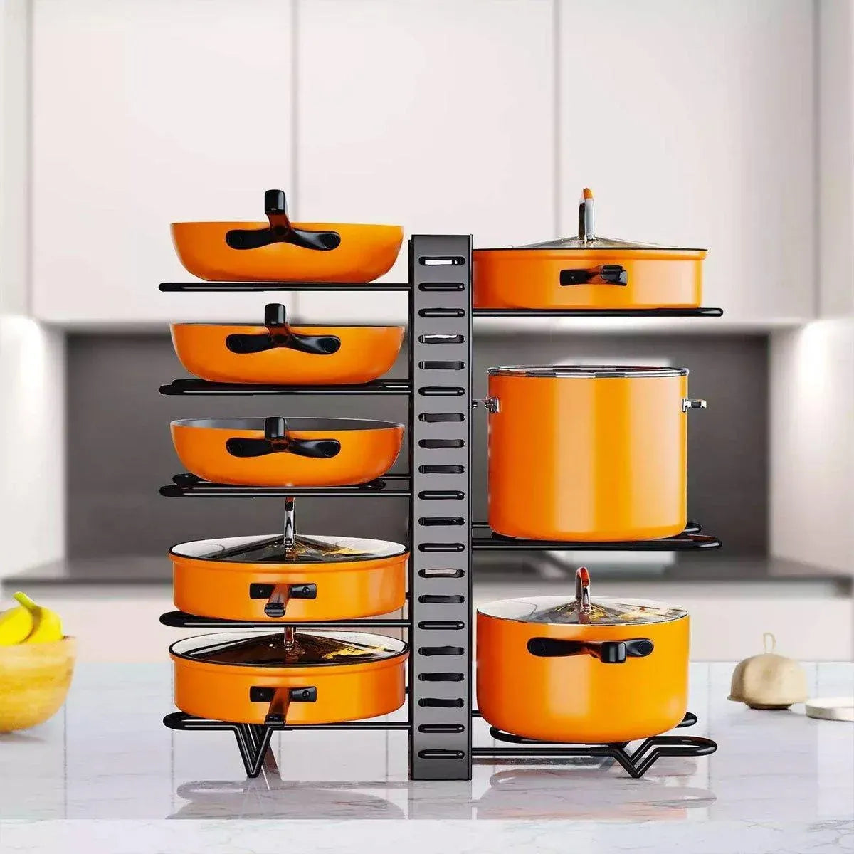 Adjustable Multi-Layer Pot Lid Rack – Vertical Storage, Black Metal