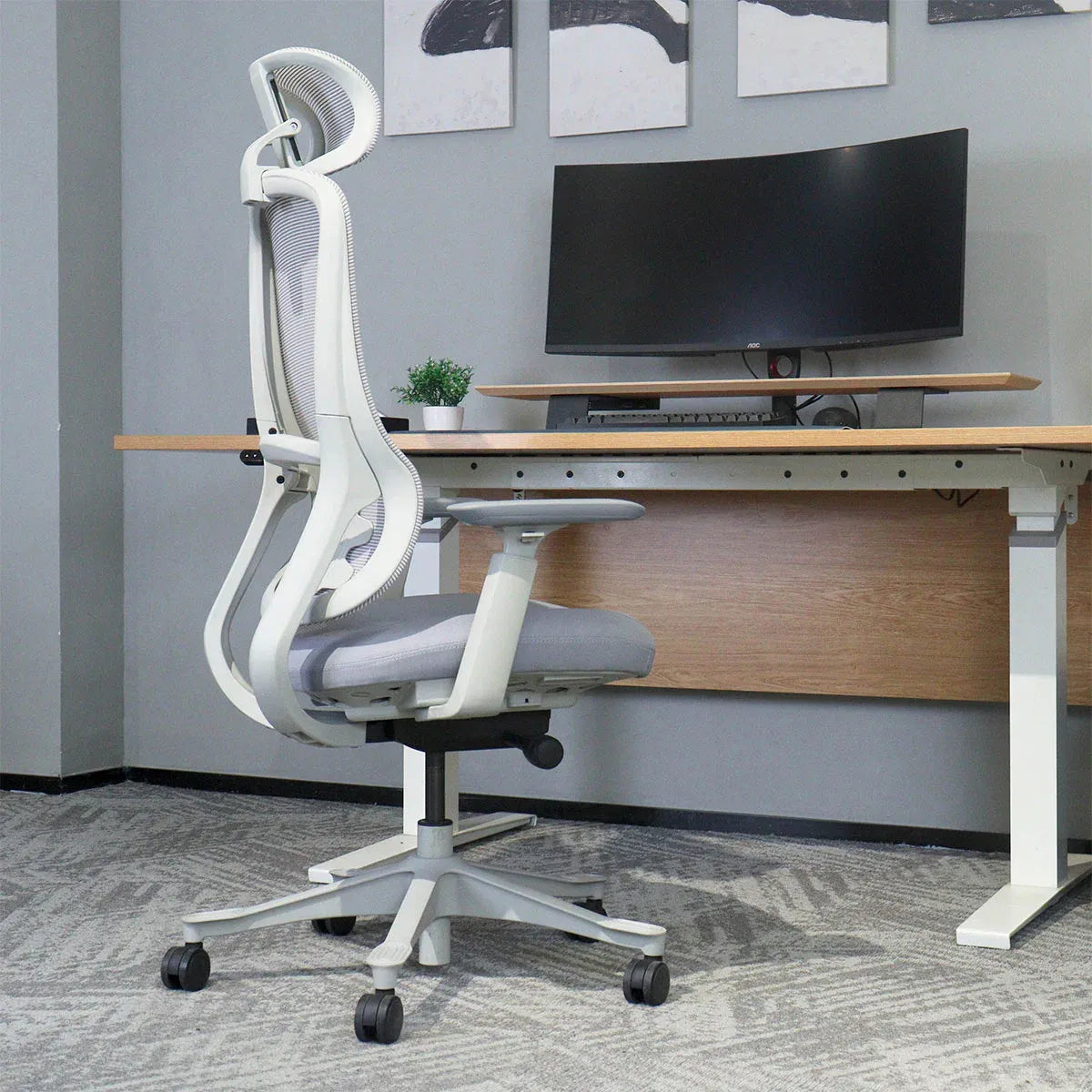 DM8 Ergonomic Office Desk Chair – Adjustable Comfort, White/Grey