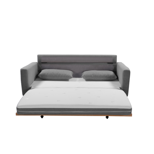 Grey Celadon Shasa 2-seater pull-out sofa bed by The Willow Stone Collective with wooden frame, showcasing its modern design and compact size.
