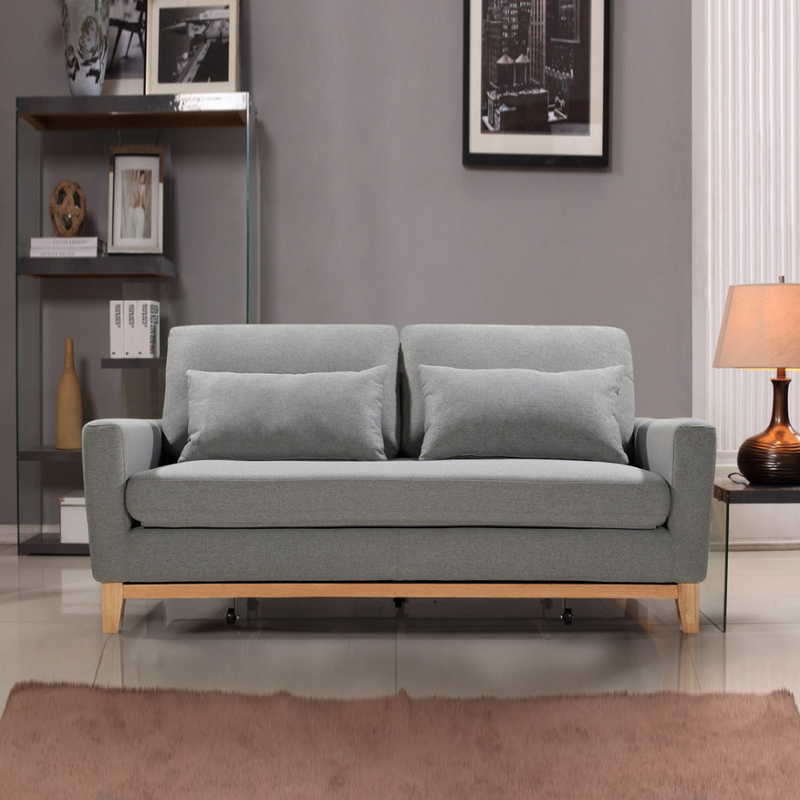 Shasa 2-Seater Pull-Out Sofa Bed – Grey Celadon, Wooden Frame