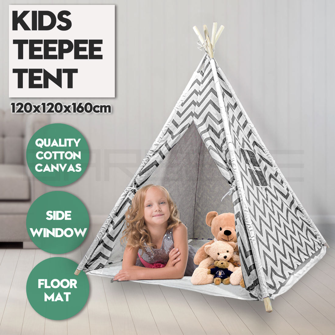 Giant Cotton Canvas Kids Teepee Wigwam Children Pretend Play Tent Indoor Outdoor Party