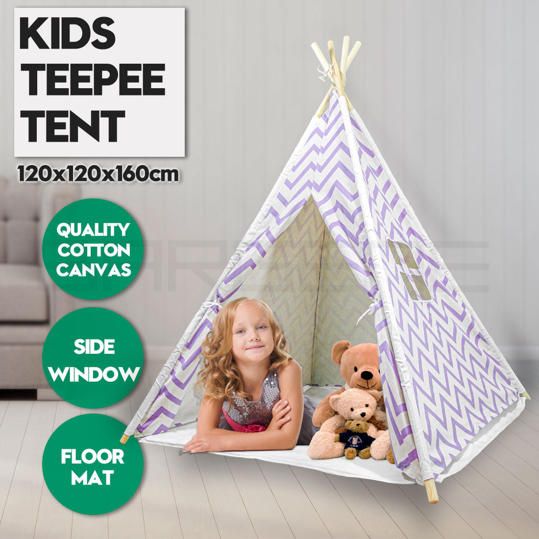 Giant Cotton Canvas Kids Teepee Wigwam Children Pretend Play Tent Indoor Outdoor Party