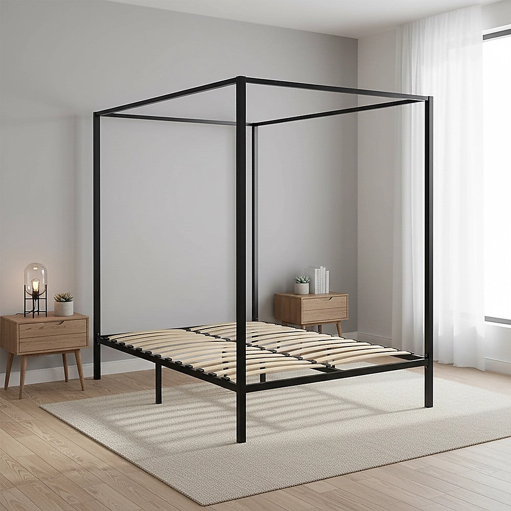 Four Poster Bed Frame – Double Size, Black Steel