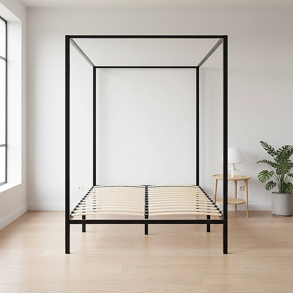 Four Poster Bed Frame – Double Size, Black Steel