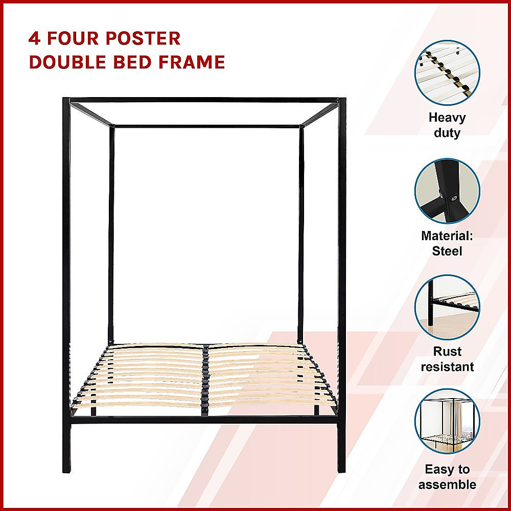 Four Poster Bed Frame – Double Size, Black Steel
