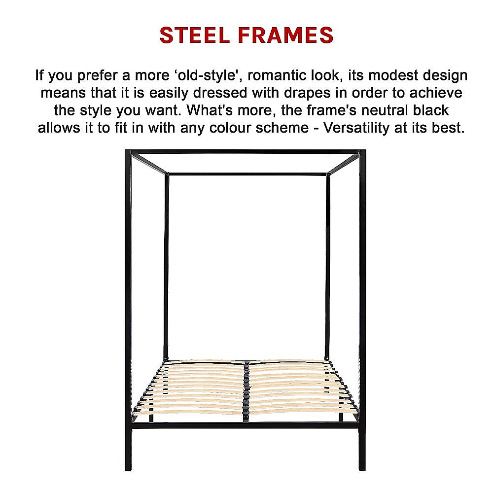 Four Poster Bed Frame – Double Size, Black Steel