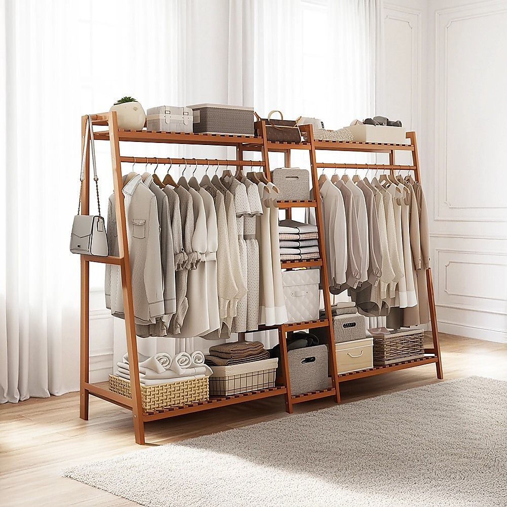 Portable Bamboo Clothes Rack – Double Rail with Shelves, Dark Wood Finish