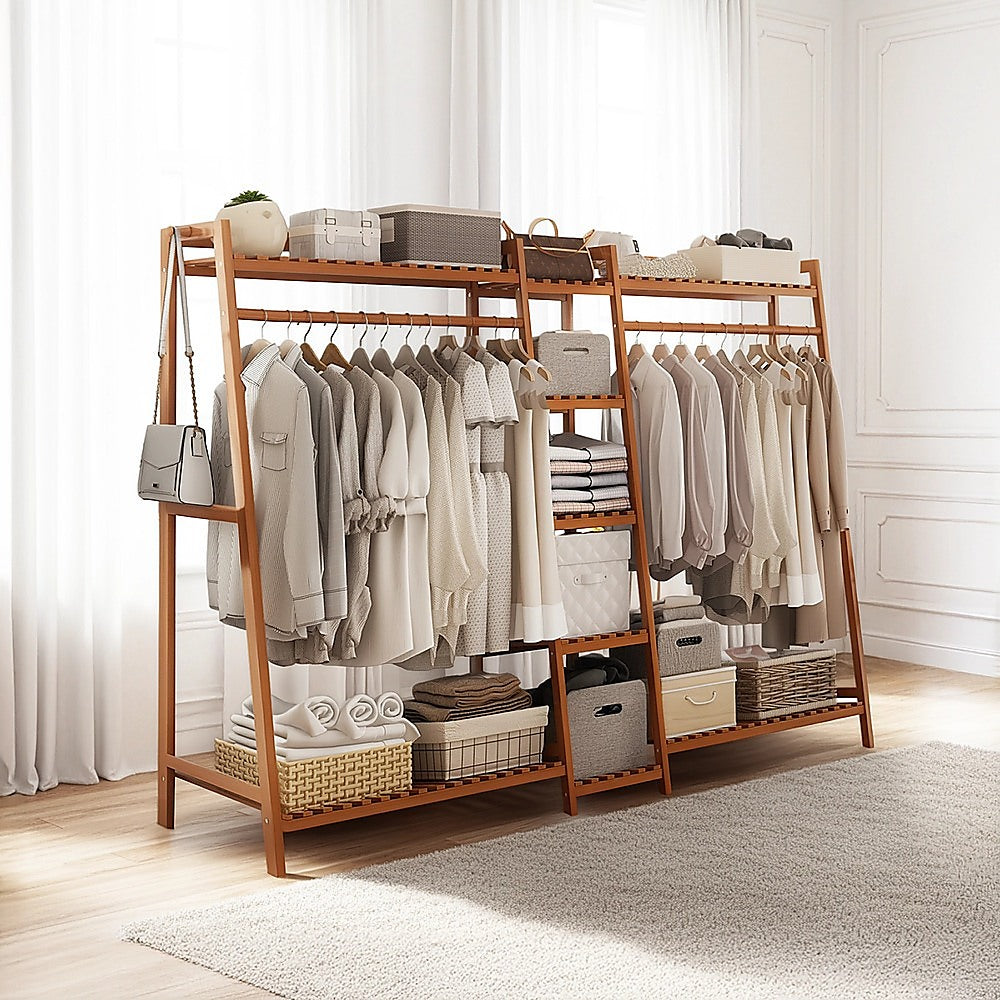 Portable Bamboo Clothes Rack – Double Rail with Shelves, Dark Wood Finish