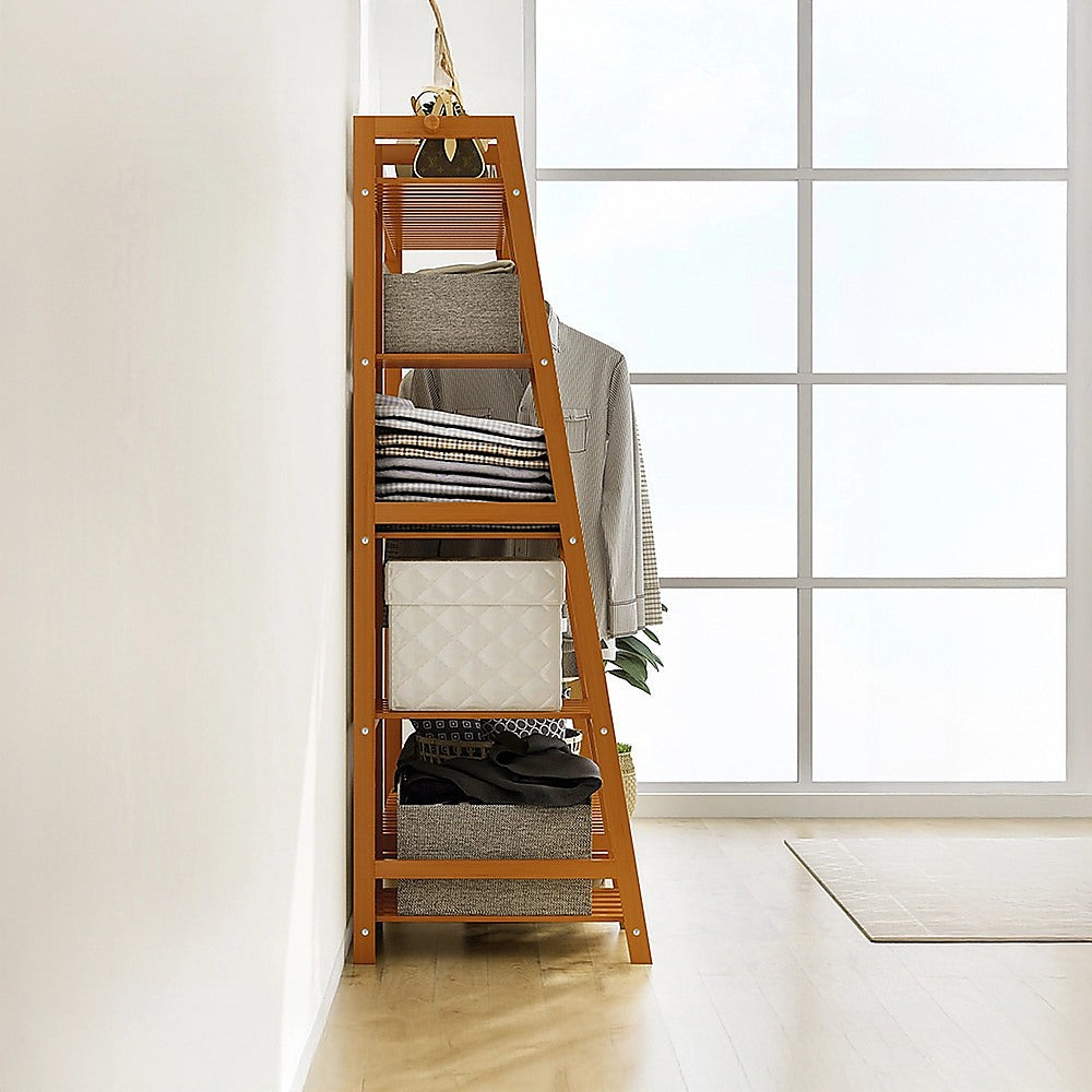 Portable Bamboo Clothes Rack – Double Rail with Shelves, Dark Wood Finish