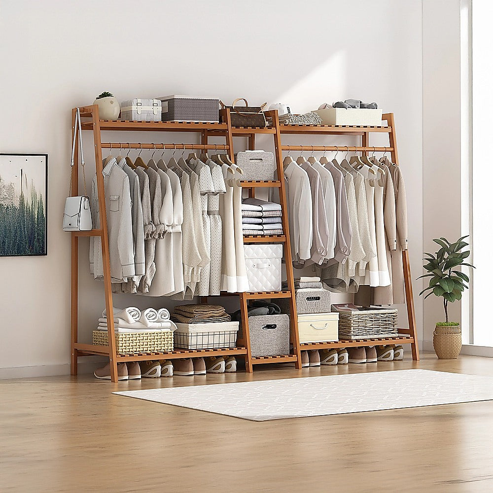 Portable Bamboo Clothes Rack – Double Rail with Shelves, Dark Wood Finish