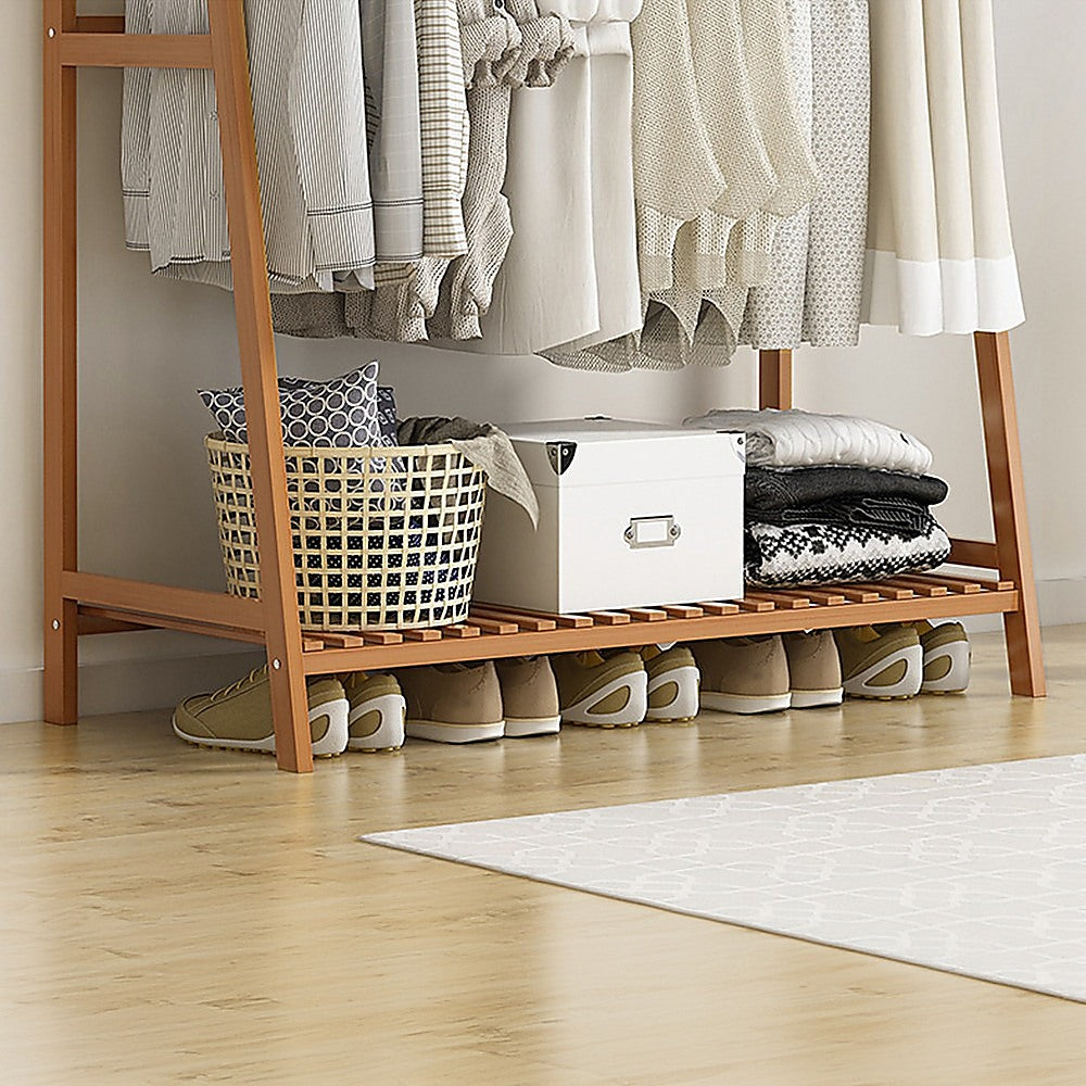 Portable Bamboo Clothes Rack – Double Rail with Shelves, Dark Wood Finish