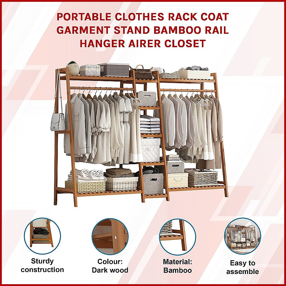 Portable Bamboo Clothes Rack – Double Rail with Shelves, Dark Wood Finish