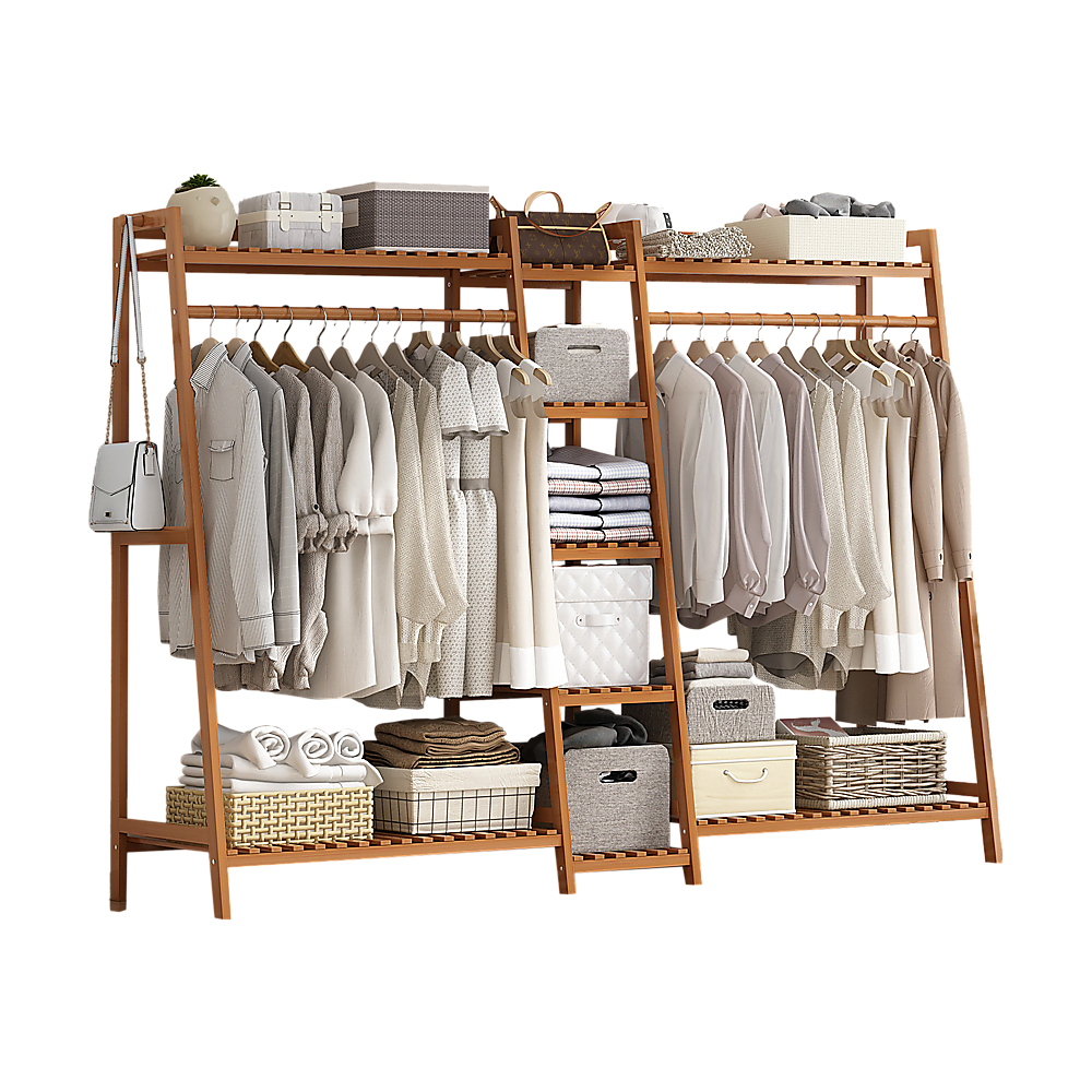Portable Bamboo Clothes Rack – Double Rail with Shelves, Dark Wood Finish